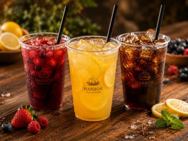 Generated demo branded cold drinks in clear cups with berry, lemon, and cola-style beverages