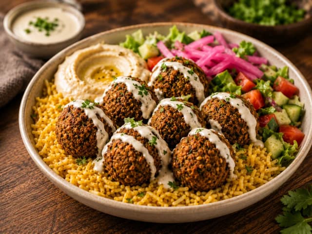 Generated demo falafel over rice platter with hummus, salad, pickled onions, and white sauce