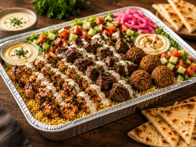 Generated demo family platter tray with chicken, lamb-style pieces, falafel, rice, salad, hummus, sauce cups, and pita