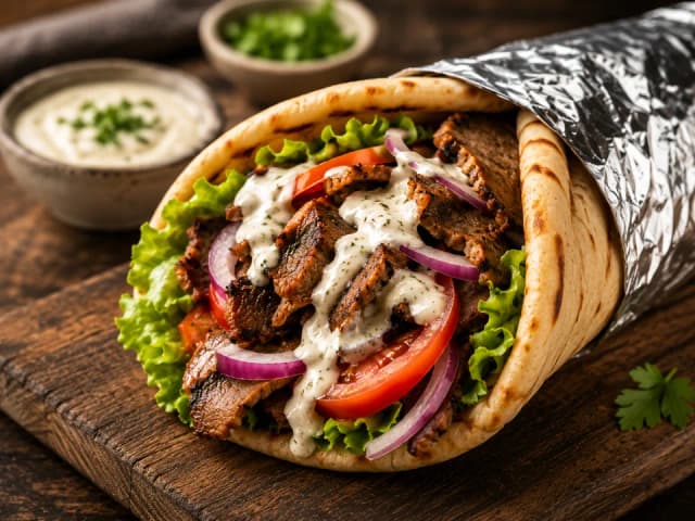 Generated demo gyro sandwich with grilled lamb-style slices, lettuce, tomato, onion, and white sauce in warm pita