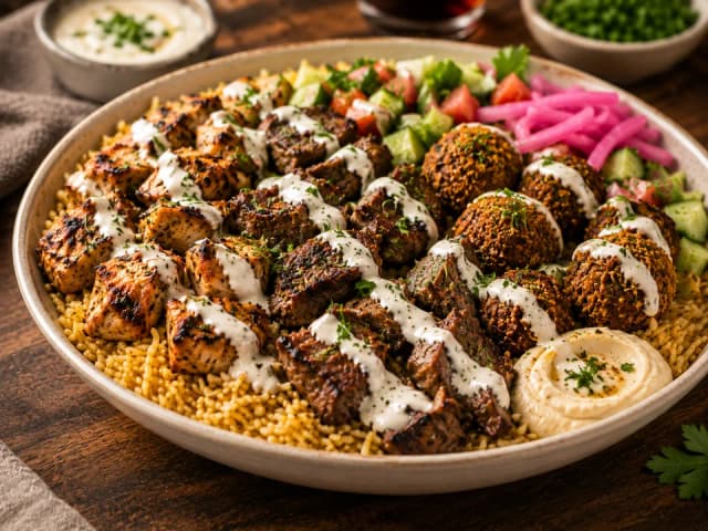 Generated demo mixed platter with chicken, lamb-style pieces, falafel, yellow rice, salad, hummus, and white sauce
