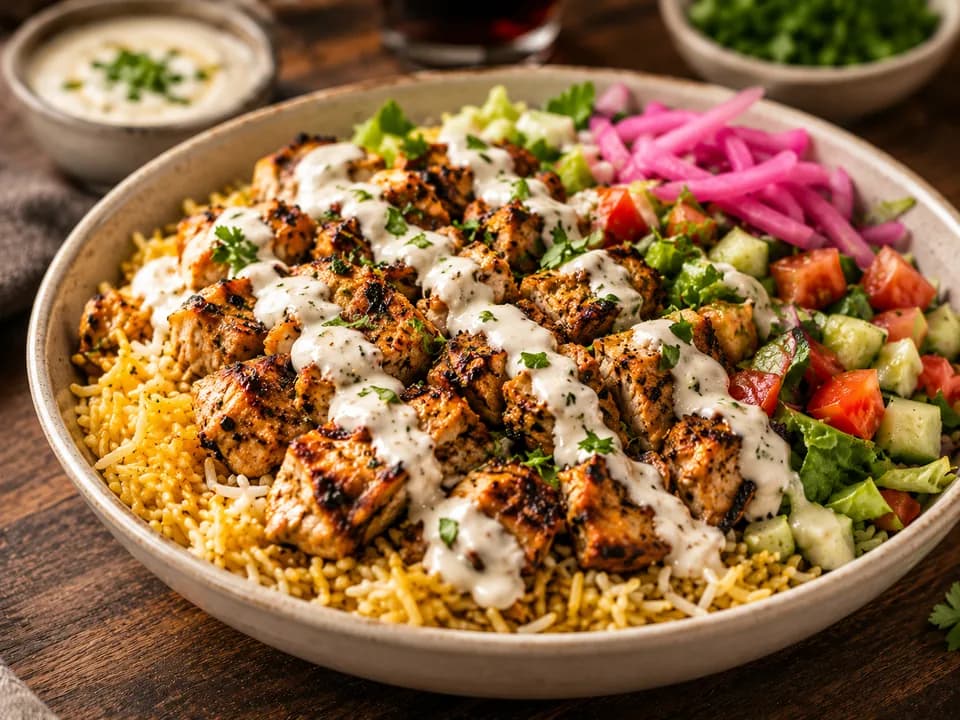 Generated demo chicken over rice platter with grilled chicken, yellow rice, salad, pickled onions, and white sauce